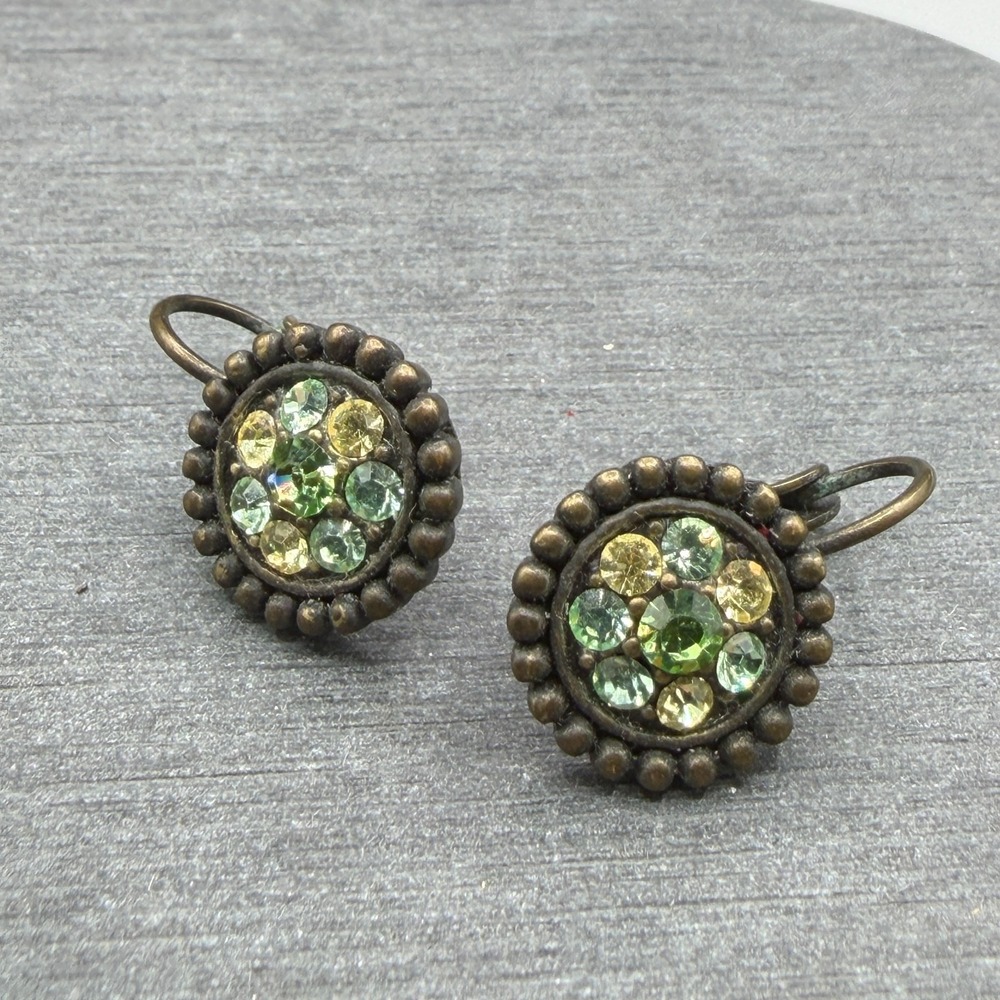 Lia Sophia Green Yellow Rhinestone Leverback Earrings Antique Gold Tone Floral